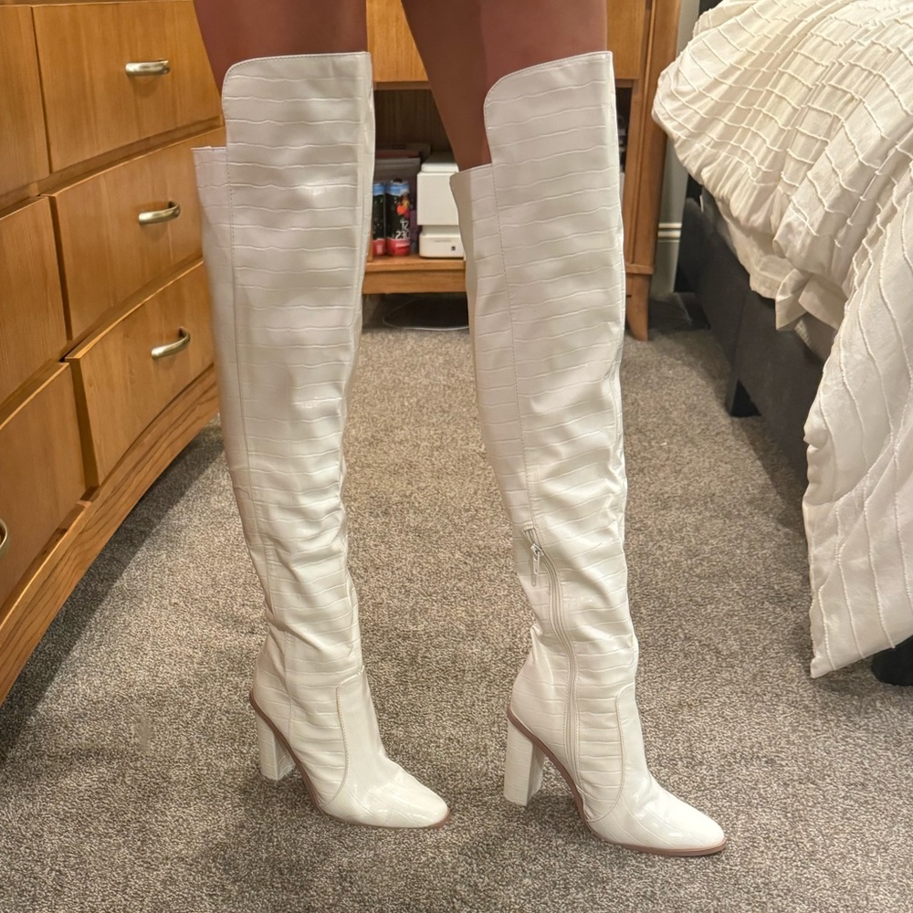Lulus White Crocodile Over the Knee Boots